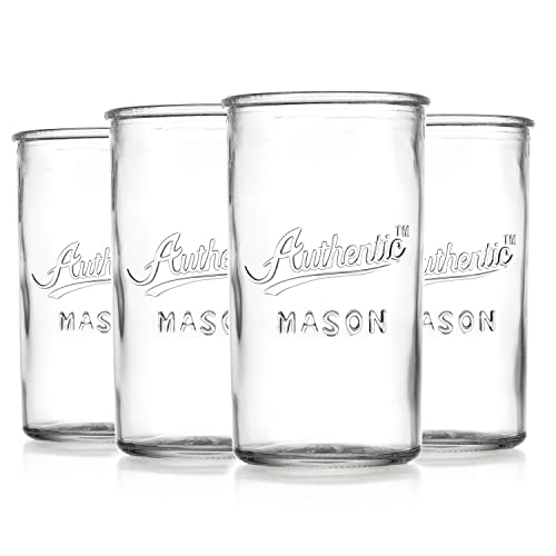 Glaver's Drinking Glasses – Set of 4 Authentic Mason Vintage Glassware – Clear Glass Tumblers for Cocktails, Water, Juice – Embossed Vintage Drinking Glasses