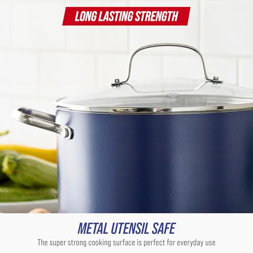 Blue Diamond 8QT Nonstick Stockpot with Glass Lid, PFAS-Free Ceramic, Multipurpose Cooking, Sauces & Soups, Pasta, Boiling & Canning Pot, Dishwasher & Oven Safe, Stainless Steel Handles, Blue