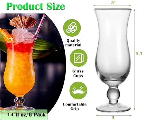Cheardia 6 Pack Hurricane Glass, 14 oz Pina Colada Glasses Clear Tulip Drinking Cups for Juices, Cocktails, Full-Bodied Beer, Tropical Drinks, Water, Beverages