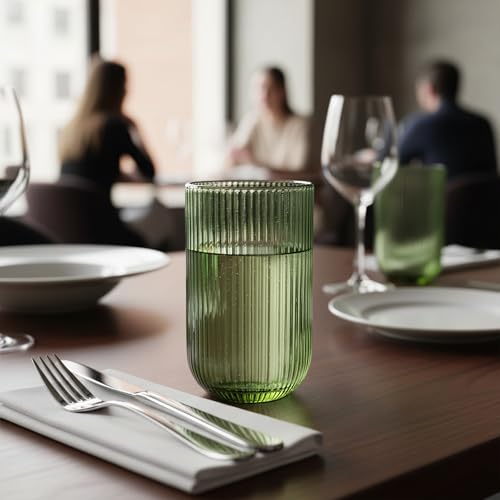 WeirdUncle Set of 8 Ribbed Glassware,4 Highball Glasses 14oz & 4 Rocks Drinking Glasses 9oz, Green, Origami Style, Fluted Design, for Milk, Water, Cocktail, Juice, Beer, ToothBrush Cup, Gift