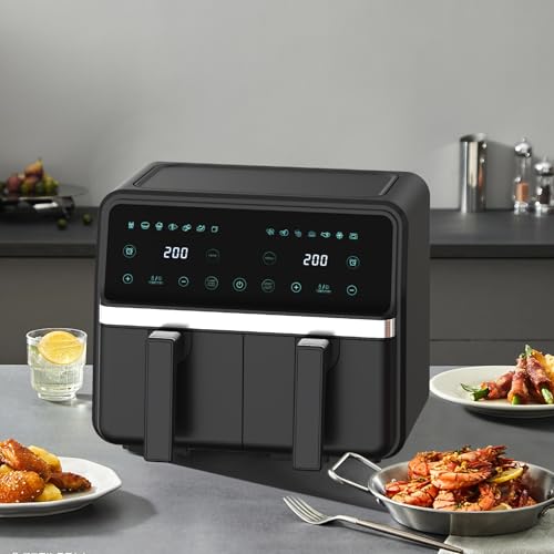 REABELL 4QT+4QT Dual Basket Air Fryer - Digital Touchscreen, Smart Sync Finish,Auto Shutoff, 2 Independent Nonstick Dishwasher-Safe Frying Baskets - 8 Quart Digital Double Air Fryer
