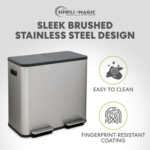 SIMPLI-Magic 21 Gallon (80L) Dual Compartment Kitchen Trash Can - Hands-Free Step Pedal, Soft-Close Lid, Stainless Steel Recycling Bin with Odor Filter (40L + 40L)