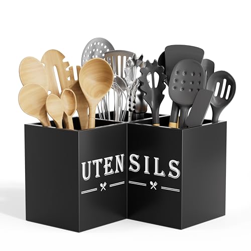 ZUJJAFY Utensil Holder for Kitchen Counter, Corner Kitchen Utensil Holder for Countertop with 3 Compartments, Wooden Cooking Utensil Organizer for Spatula Storage, Black