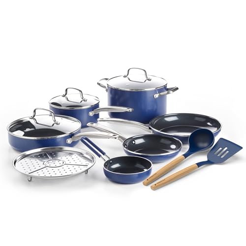 Blue Diamond 12 Piece Nonstick Cookware Set, Diamond Ceramic Pots & Pans, Dishwasher & Metal Utensil