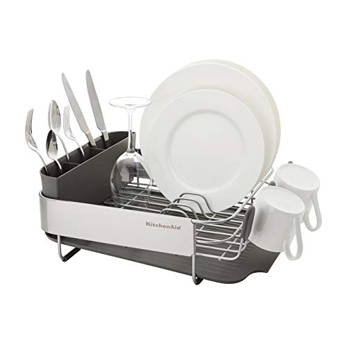KitchenAid Compact, Space Saving Rust Resistant Dish Rack, with Angled Self Draining Drain Board and Removable Flatware Caddy, 16.06-Inch, Gray