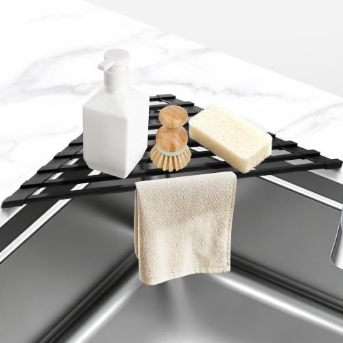 romise Small Triangle Roll Up Dish Drying Rack for Sink Corner, Foldable Silicone Coated Stainless Steel Over Sink Rack, Space Saving Heat Resist Anti-Slip Anti-Rust Drainer Mat for Dish Fruit (Black)