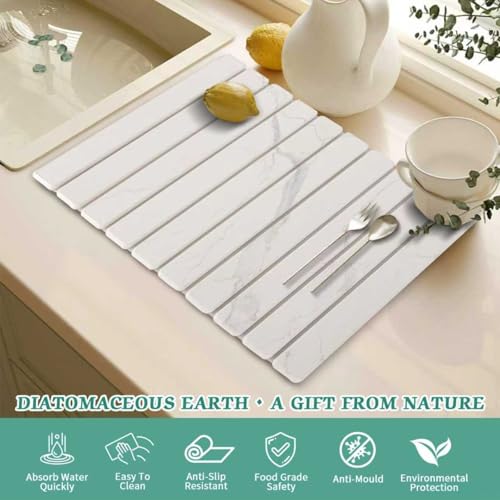 Stone Dish Drying Mat for Kitchen Counter, 24 x 16 Inch(White Marble)
