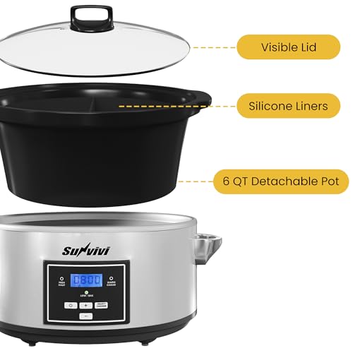 SUNVIVIPRO Programmable Slow Cooker, Multi-Cooker with 2 in 1 Silicone Slow Cooker Liners, 6 QT Food Warmer with Digital Timer, 3 Adjustable Temp & Dishwasher Safe Parts, Stainless Steel, Silver