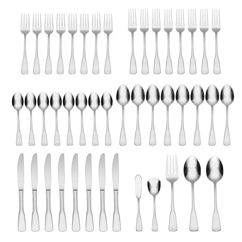 Oneida Silverware Set For 8, Colonial Boston 45-Piece Everyday Flatware Set with Serving Utensils, Service For 8, 18/0 Stainless Steel, Dishwasher Safe, Knives Spoons And Forks Sets (Silver, 45 Piece)