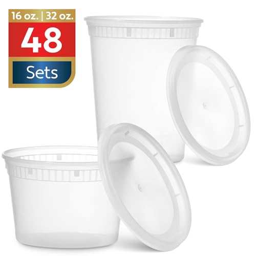 48 Pack Plastic Deli Containers with Lids (16, 32 oz 24 Each) - Food Storage Containers with Lids - Clear Disposable Meal Prep Containers, BPA Free, Stackable, Leakproof, Microwave and Freezer Safe - My Kitchen Products