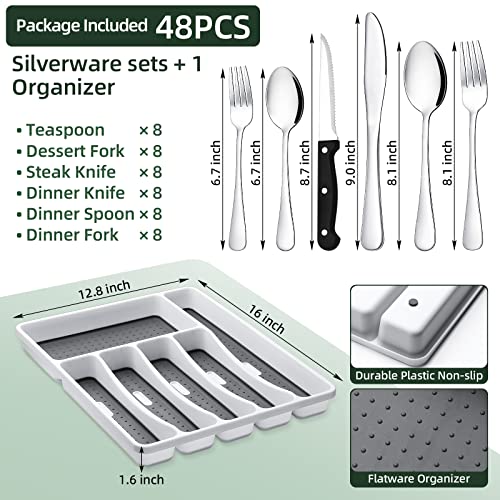49-Piece Silverware Set with Organizer, CEKEE Stainless Steel Flatware Cutlery Set Service for 8, Mirror Polished Kitchen Utensils Set with Steak Knives Included Spoons and Forks Set & Tray - My Kitchen Products