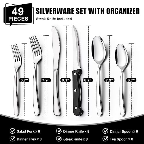 49-Piece Silverware Set with Organizer, Heavy Duty Stainless Steel Flatware Set for 8, Cutlery Utensil Sets with Steak Knives, Rust-proof, Mirror Polished, Dishwasher Safe, Heavy Duty - My Kitchen Products