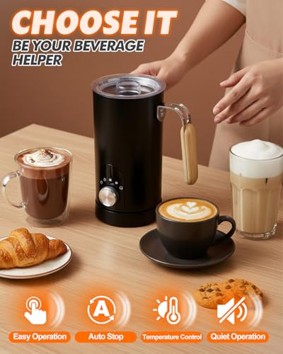 5-in-1 Electric Milk Frother and Steamer, Automatic Milk Foamer Hot Chocolate Maker with Wood Grain Handle, 11.8oz Milk Warmer and Heater for Latte, Cappuccino, Hot Cocoa Maker, Frother for Coffee - My Kitchen Products