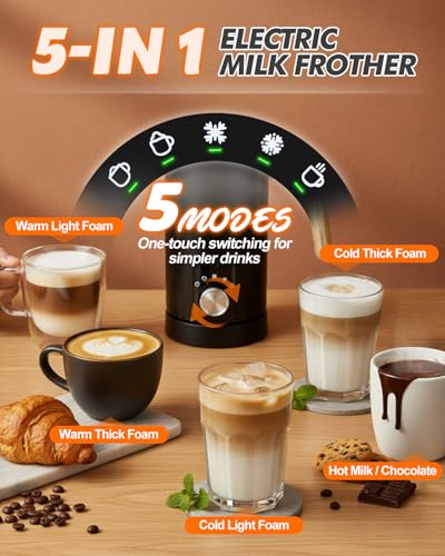 5-in-1 Electric Milk Frother and Steamer, Automatic Milk Foamer Hot Chocolate Maker with Wood Grain Handle, 11.8oz Milk Warmer and Heater for Latte, Cappuccino, Hot Cocoa Maker, Frother for Coffee - My Kitchen Products
