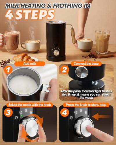 5-in-1 Electric Milk Frother and Steamer, Automatic Milk Foamer Hot Chocolate Maker with Wood Grain Handle, 11.8oz Milk Warmer and Heater for Latte, Cappuccino, Hot Cocoa Maker, Frother for Coffee - My Kitchen Products