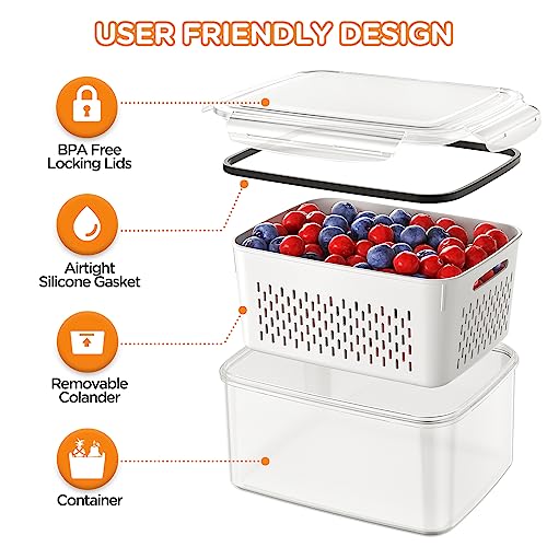 5-Pack Fruit Storage Containers for Fridge with Removable Colanders, 4 in 1 Produce Storage Containers with Lids, Leakproof Fridge Organizer Bins for Salad Berry Lettuce Vegetables Meat Keeper Fresh - My Kitchen Products