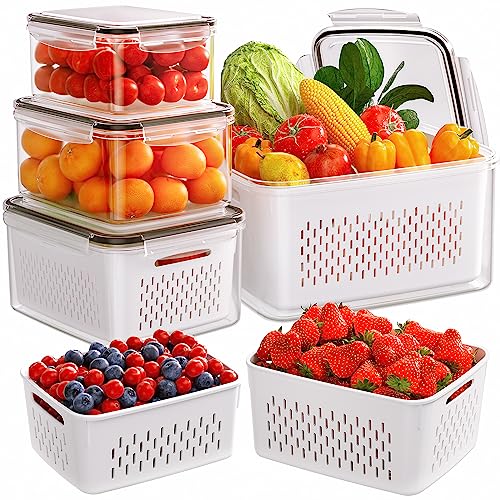 5-Pack Fruit Storage Containers for Fridge with Removable Colanders, 4 in 1 Produce Storage Containers with Lids, Leakproof Fridge Organizer Bins for Salad Berry Lettuce Vegetables Meat Keeper Fresh - My Kitchen Products