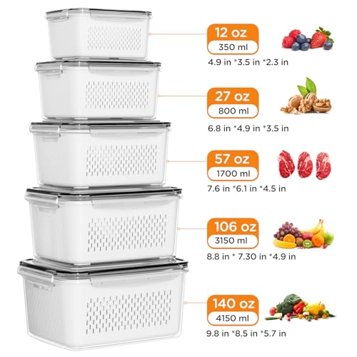 5-Pack Fruit Storage Containers for Fridge with Removable Colanders, 4 in 1 Produce Storage Containers with Lids, Leakproof Fridge Organizer Bins for Salad Berry Lettuce Vegetables Meat Keeper Fresh - My Kitchen Products