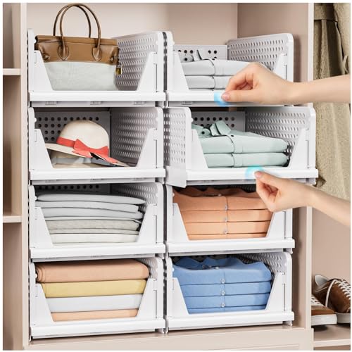 5 Pack Stackable Closet Storage Basket - Stackable Storage Bins, Multifunctional & Foldable Closet Organizer Waterproof, Wardrobe Cupboard Space-Saving Hat Storage Drawer Organizer, White - My Kitchen Products