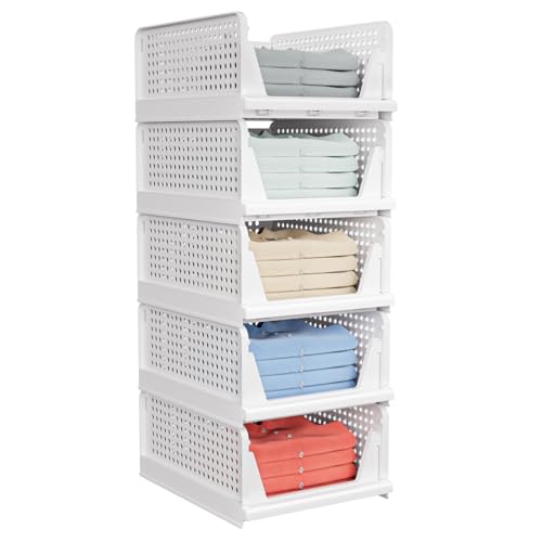 5 Pack Stackable Closet Storage Basket, Stackable Storage Bins, Multifunctional & Foldable Closet Organizer