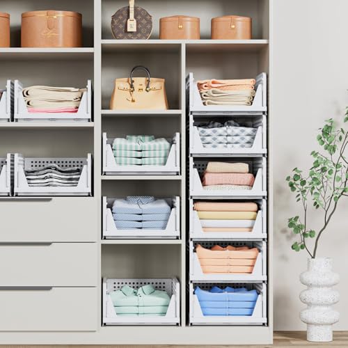 5 Pack Stackable Closet Storage Basket - Stackable Storage Bins, Multifunctional & Foldable Closet Organizer Waterproof, Wardrobe Cupboard Space-Saving Hat Storage Drawer Organizer, White - My Kitchen Products
