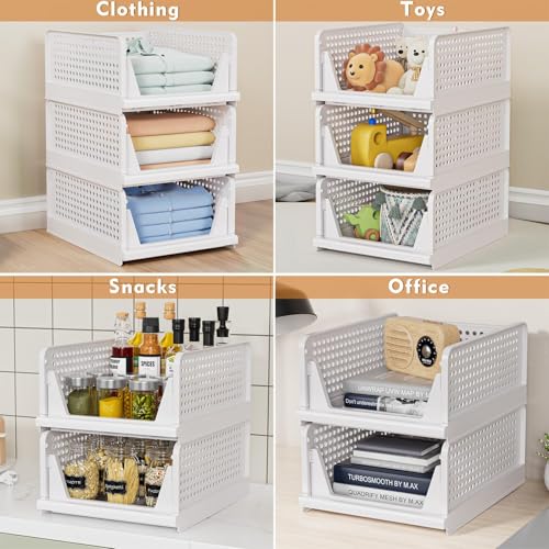 5 Pack Stackable Closet Storage Basket - Stackable Storage Bins, Multifunctional & Foldable Closet Organizer Waterproof, Wardrobe Cupboard Space-Saving Hat Storage Drawer Organizer, White - My Kitchen Products