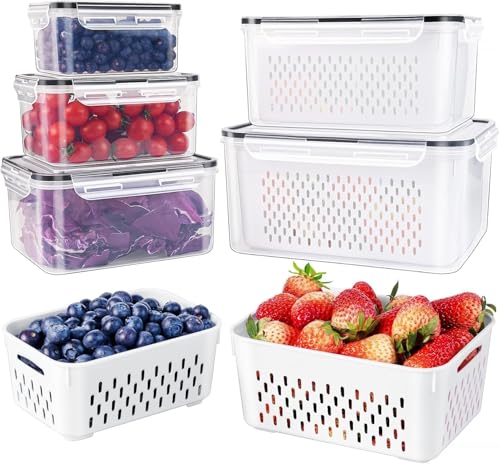 5 PCS Large Fruit Containers for Fridge - Leakproof Food Storage Containers with Removable Colander - Dishwasher & microwave safe Produce Containers Keep Fruits, Vegetables, Berry, Meat Fresh longer - My Kitchen Products
