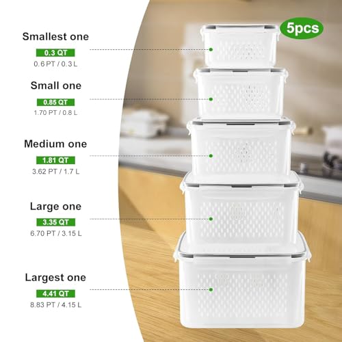 5 PCS Large Fruit Containers for Fridge - Leakproof Food Storage Containers with Removable Colander - Dishwasher & microwave safe Produce Containers Keep Fruits, Vegetables, Berry, Meat Fresh longer - My Kitchen Products