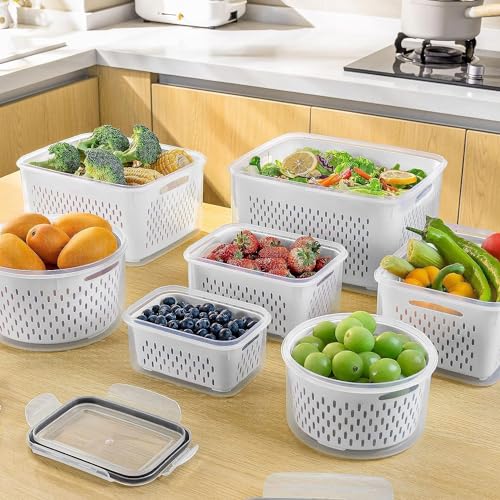 5 PCS Large Fruit Containers for Fridge - Leakproof Food Storage Containers with Removable Colander - Dishwasher & microwave safe Produce Containers Keep Fruits, Vegetables, Berry, Meat Fresh longer - My Kitchen Products