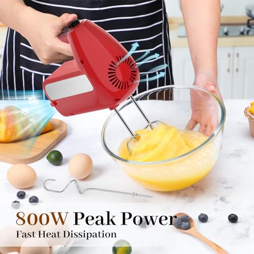 5-Speed Electric Hand Mixer, 800W Handheld Mixer with Turbo for Baking & Cooking, Kitchen Food Mixer with Storage Case & 6 Stainless Steel Attachments (2 Beaters, 2 Dough Hooks, 2 Whisks)-Red - My Kitchen Products