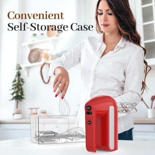 5-Speed Electric Hand Mixer, 800W Handheld Mixer with Turbo for Baking & Cooking, Kitchen Food Mixer with Storage Case & 6 Stainless Steel Attachments (2 Beaters, 2 Dough Hooks, 2 Whisks)-Red - My Kitchen Products