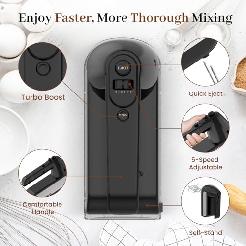 5-Speed Electric Hand Mixer, 800W Handheld Mixer with Turbo for Baking & Cooking, Kitchen Food Mixer with Storage Case & 6 Stainless Steel Attachments (2 Beaters, 2 Dough Hooks, 2 Whisks)-Black - My Kitchen Products