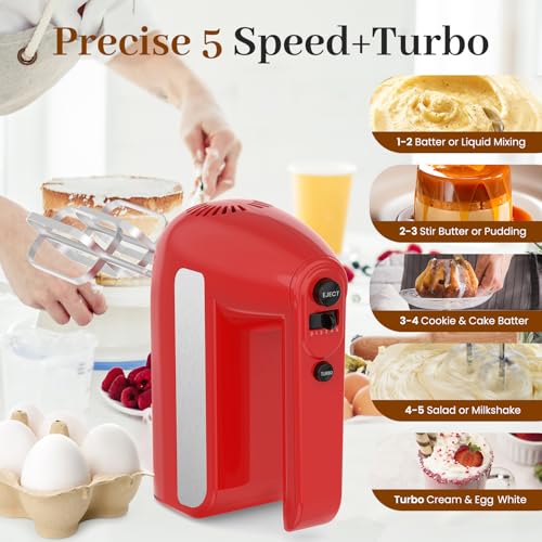 5-Speed Electric Hand Mixer, 800W Handheld Mixer with Turbo for Baking & Cooking, Kitchen Food Mixer with Storage Case & 6 Stainless Steel Attachments (2 Beaters, 2 Dough Hooks, 2 Whisks)-Red - My Kitchen Products