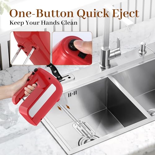 5-Speed Electric Hand Mixer, 800W Handheld Mixer with Turbo for Baking & Cooking, Kitchen Food Mixer with Storage Case & 6 Stainless Steel Attachments (2 Beaters, 2 Dough Hooks, 2 Whisks)-Red - My Kitchen Products