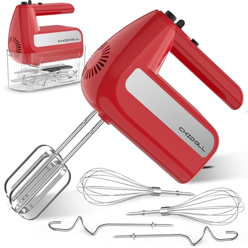 5-Speed Electric Hand Mixer, 800W Handheld Mixer with Turbo for Baking & Cooking, Kitchen Food Mixer with Storage Case & 6 Stainless Steel Attachments (2 Beaters, 2 Dough Hooks, 2 Whisks)-Red - My Kitchen Products