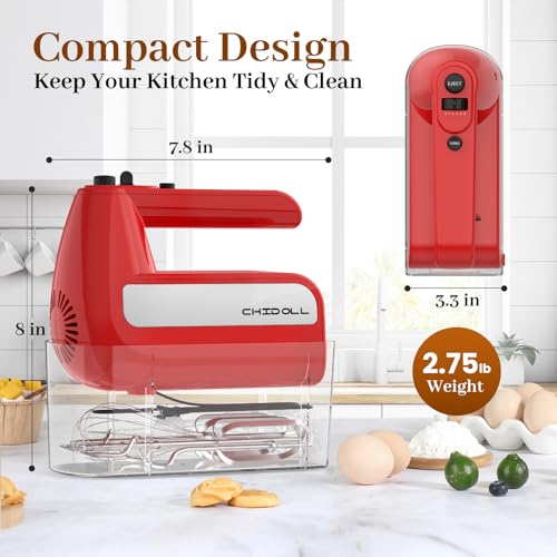 5-Speed Electric Hand Mixer, 800W Handheld Mixer with Turbo for Baking & Cooking, Kitchen Food Mixer with Storage Case & 6 Stainless Steel Attachments (2 Beaters, 2 Dough Hooks, 2 Whisks)-Red - My Kitchen Products
