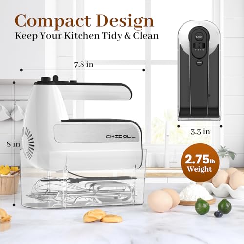 5-Speed Electric Hand Mixer, 800W Handheld Mixer with Turbo for Baking & Cooking, Kitchen Food Mixer with Storage Case & 6 Stainless Steel Attachments (2 Beaters, 2 Dough Hooks, 2 Whisks)-White - My Kitchen Products