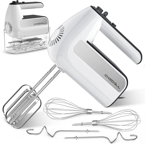 5-Speed Electric Hand Mixer, 800W Handheld Mixer with Turbo for Baking & Cooking, Kitchen Food Mixer with Storage Case & 6 Stainless Steel Attachments (2 Beaters, 2 Dough Hooks, 2 Whisks)-White - My Kitchen Products