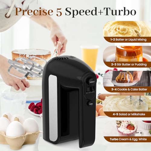5-Speed Electric Hand Mixer, 800W Handheld Mixer with Turbo for Baking & Cooking, Kitchen Food Mixer with Storage Case & 6 Stainless Steel Attachments (2 Beaters, 2 Dough Hooks, 2 Whisks)-Black - My Kitchen Products