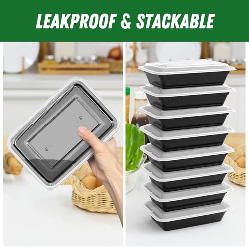 50 Pack (100-Piece) 32 oz Meal Prep Containers Reusable with Easy Open Lids, Sturdy Leakproof Food Safe, Microwave Freezer Dishwasher Safe, To Go Take Out Plastic Food Storage Pans with Lids, Black - My Kitchen Products