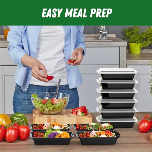 50 Pack (100-Piece) 32 oz Meal Prep Containers Reusable with Easy Open Lids, Sturdy Leakproof Food Safe, Microwave Freezer Dishwasher Safe, To Go Take Out Plastic Food Storage Pans with Lids, Black - My Kitchen Products