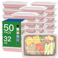 50 Pack (100-Piece) 32 oz Meal Prep Containers Reusable with Easy Open Lids, Sturdy Leakproof Food Safe, Microwave Freezer Dishwasher Safe, To Go Take Out Plastic Food Storage Pans with Lids, Pink - My Kitchen Products