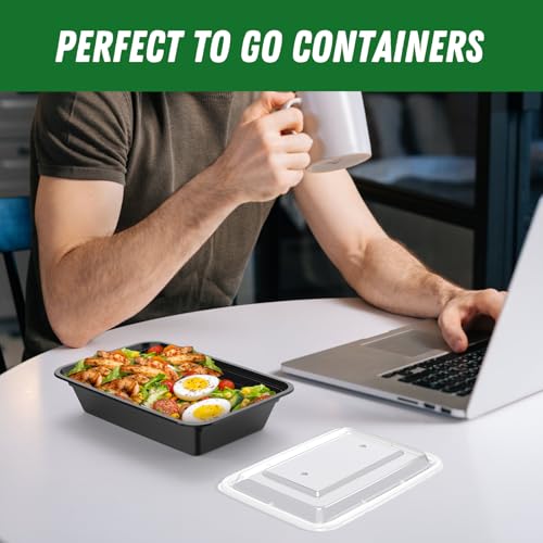 50 Pack (100-Piece) 32 oz Meal Prep Containers Reusable with Easy Open Lids, Sturdy Leakproof Food Safe, Microwave Freezer Dishwasher Safe, To Go Take Out Plastic Food Storage Pans with Lids, Black - My Kitchen Products