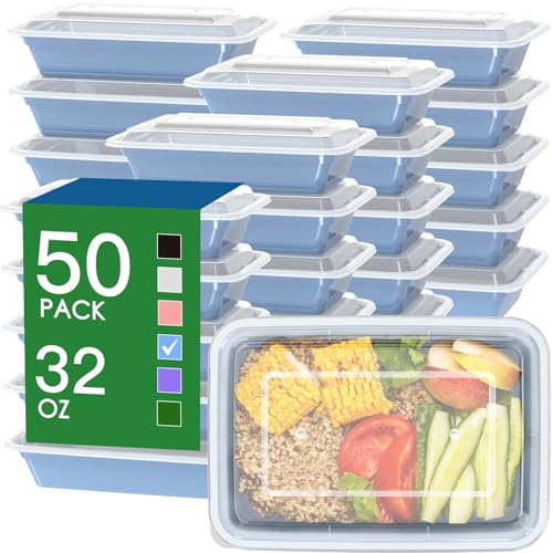 50 Pack (100-Piece) 32 oz Meal Prep Containers Reusable with Easy Open Lids, Sturdy Leakproof Food Safe, Microwave Freezer Dishwasher Safe, To Go Take Out Plastic Food Storage Pans with Lids, Blue - My Kitchen Products