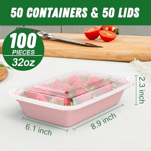 50 Pack (100-Piece) 32 oz Meal Prep Containers Reusable with Easy Open Lids, Sturdy Leakproof Food Safe, Microwave Freezer Dishwasher Safe, To Go Take Out Plastic Food Storage Pans with Lids, Pink - My Kitchen Products