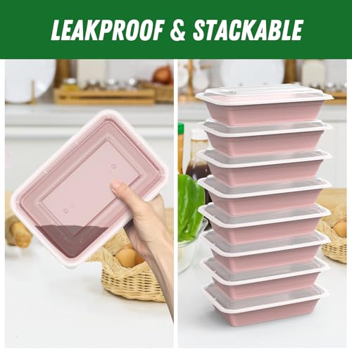 50 Pack (100-Piece) 32 oz Meal Prep Containers Reusable with Easy Open Lids, Sturdy Leakproof Food Safe, Microwave Freezer Dishwasher Safe, To Go Take Out Plastic Food Storage Pans with Lids, Pink - My Kitchen Products