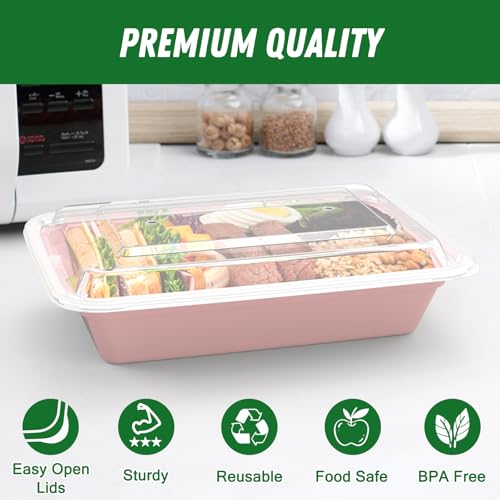 50 Pack (100-Piece) 32 oz Meal Prep Containers Reusable with Easy Open Lids, Sturdy Leakproof Food Safe, Microwave Freezer Dishwasher Safe, To Go Take Out Plastic Food Storage Pans with Lids, Pink - My Kitchen Products