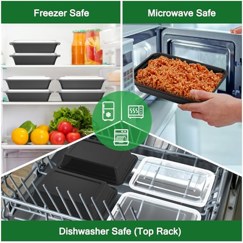 50 Pack (100-Piece) 32 oz Meal Prep Containers Reusable with Easy Open Lids, Sturdy Leakproof Food Safe, Microwave Freezer Dishwasher Safe, To Go Take Out Plastic Food Storage Pans with Lids, Black - My Kitchen Products