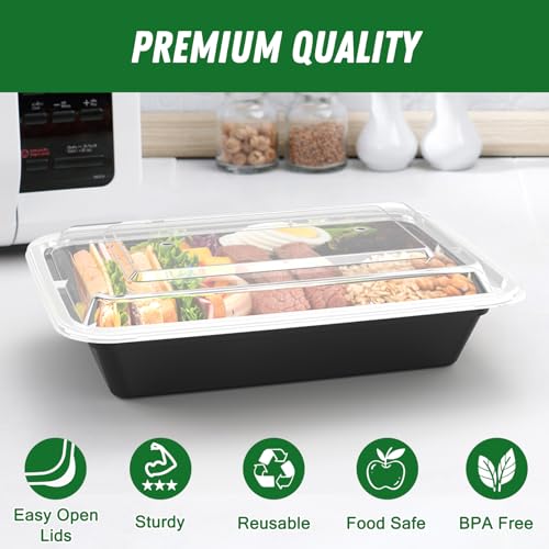 50 Pack (100-Piece) 32 oz Meal Prep Containers Reusable with Easy Open Lids, Sturdy Leakproof Food Safe, Microwave Freezer Dishwasher Safe, To Go Take Out Plastic Food Storage Pans with Lids, Black - My Kitchen Products