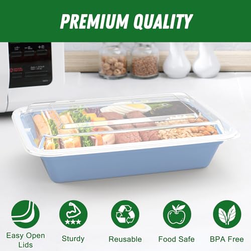50 Pack (100-Piece) 32 oz Meal Prep Containers Reusable with Easy Open Lids, Sturdy Leakproof Food Safe, Microwave Freezer Dishwasher Safe, To Go Take Out Plastic Food Storage Pans with Lids, Blue - My Kitchen Products